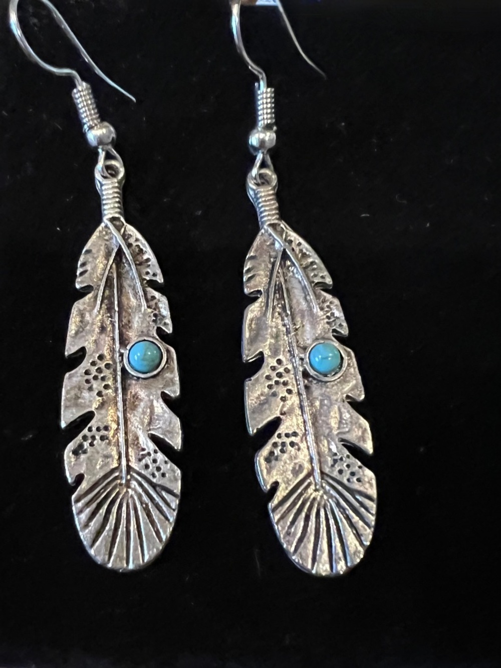 Native American  Silver Feather Earrings w Turquoise Stone Handmade